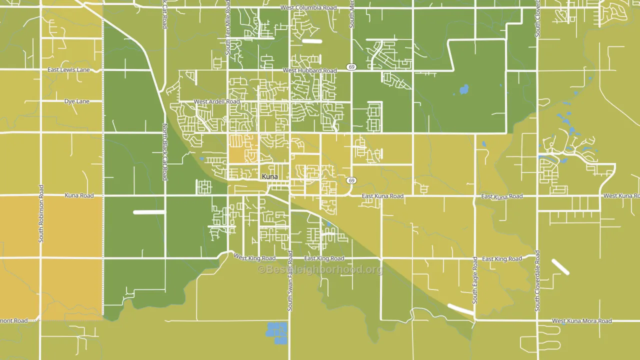 Map of the best neighborhoods in the Mora area, with better matches in green and worse matches in red