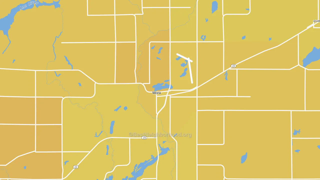 Map of the best neighborhoods in the Mora area, with better matches in green and worse matches in red