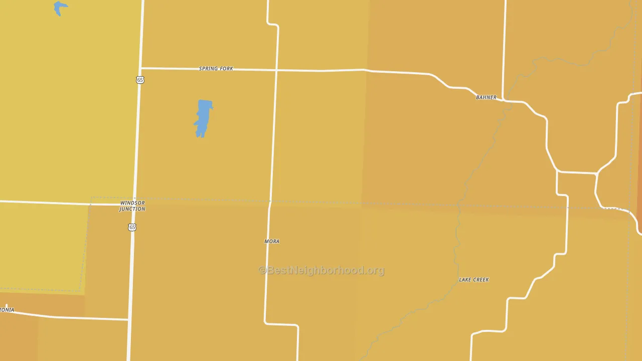 Map of the best neighborhoods in the Mora area, with better matches in green and worse matches in red