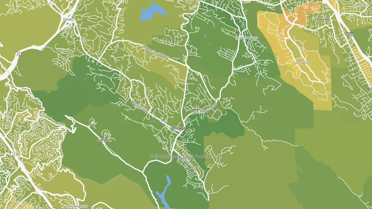 Map of the best neighborhoods in the Moraga area, with better matches in green and worse matches in red