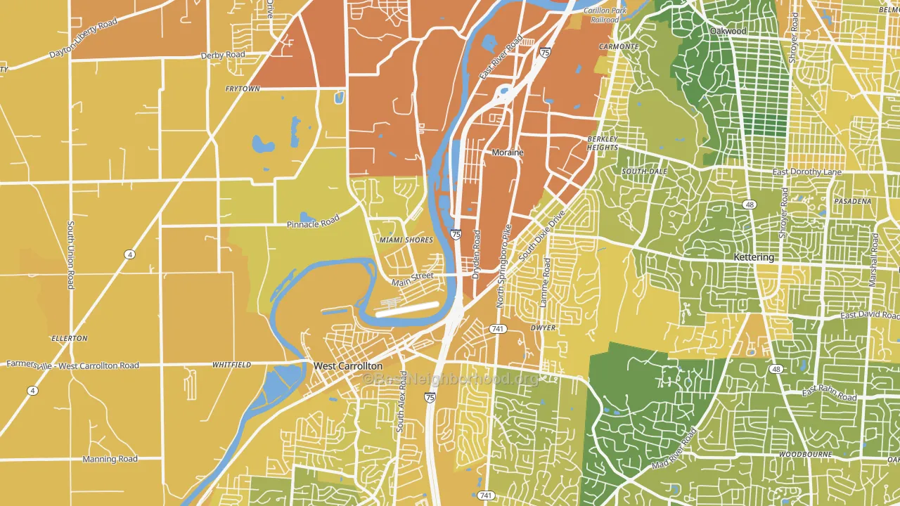 Map of the best neighborhoods in the Moraine area, with better matches in green and worse matches in red