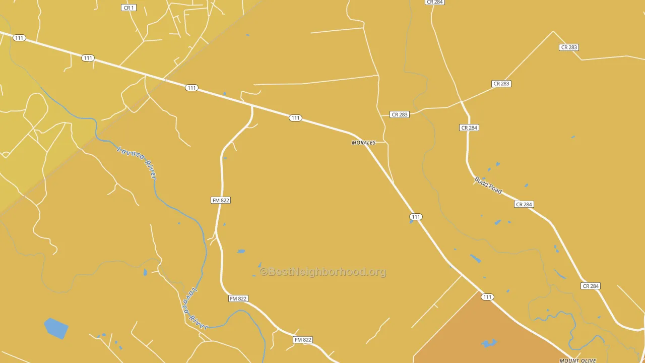 Map of the best neighborhoods in the Morales area, with better matches in green and worse matches in red