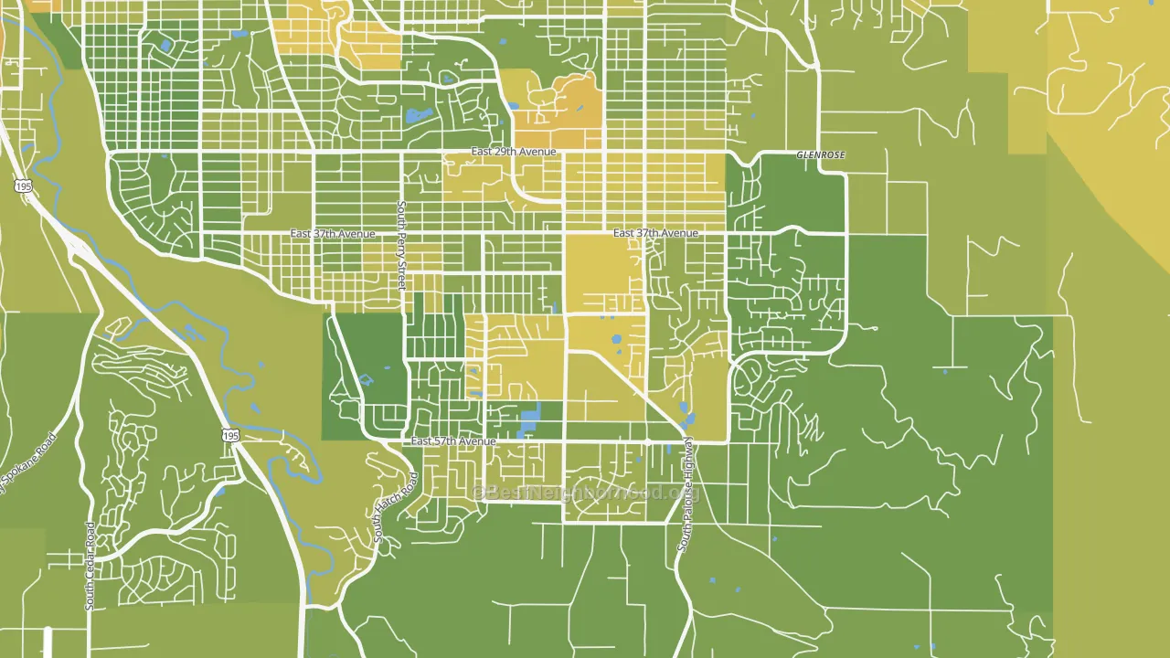 Map of the best neighborhoods in the Moran Prairie, Spokane area, with better matches in green and worse matches in red