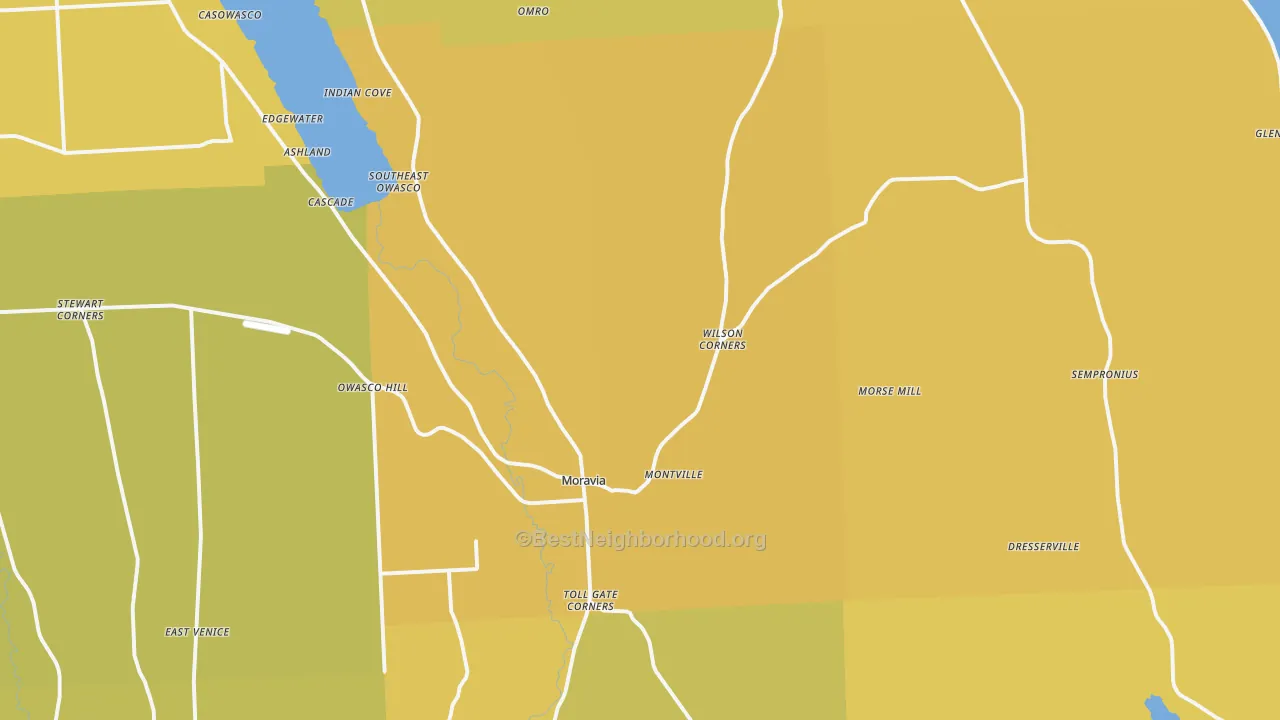 Map of the best neighborhoods in the Moravia area, with better matches in green and worse matches in red