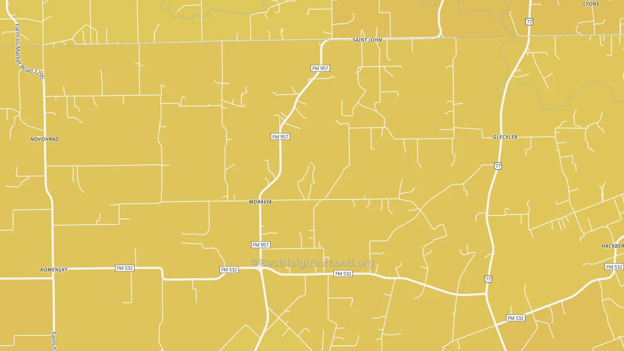 Map of the best neighborhoods in the Moravia area, with better matches in green and worse matches in red