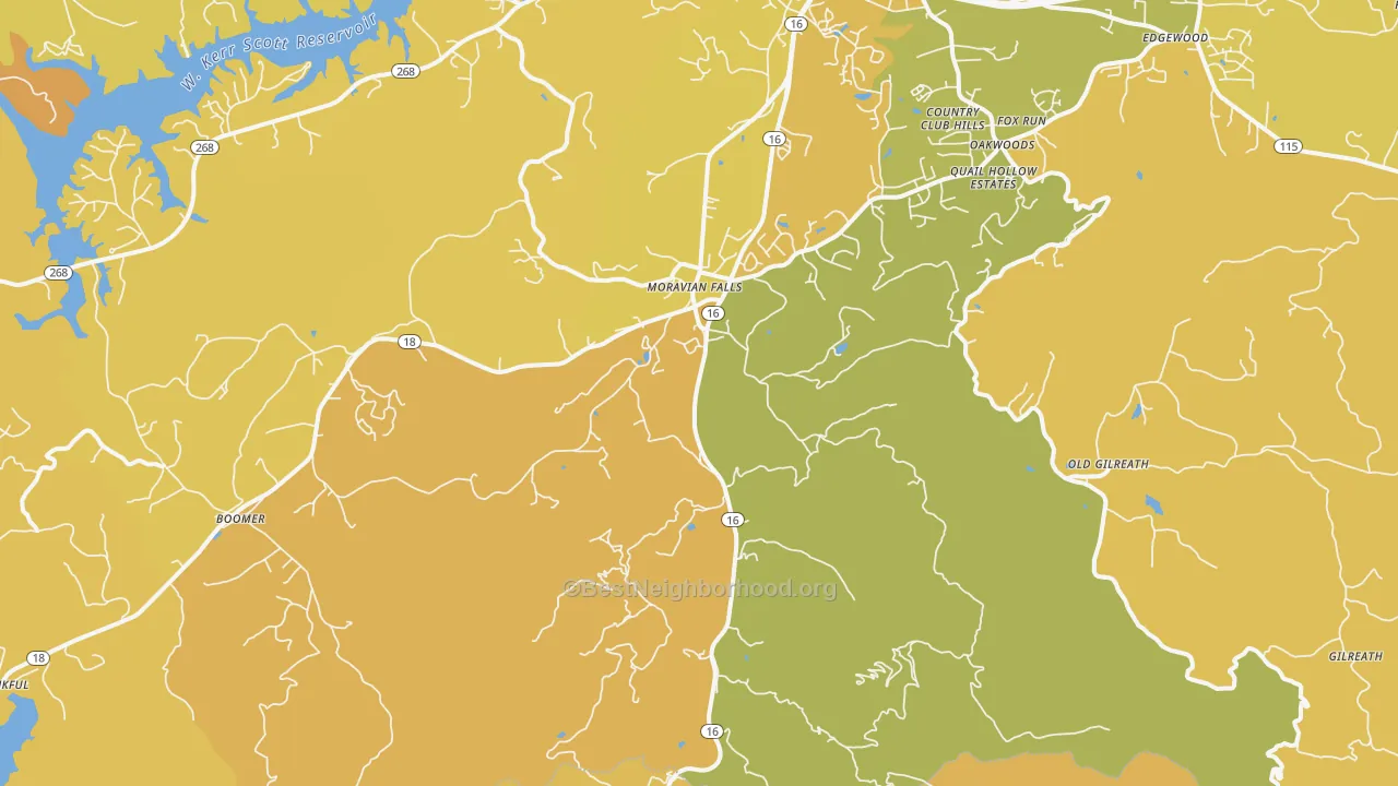 Map of the best neighborhoods in the Moravian Falls area, with better matches in green and worse matches in red