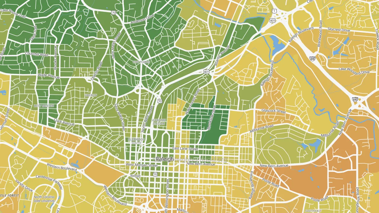 Map of the best neighborhoods in the Mordecai, Raleigh area, with better matches in green and worse matches in red