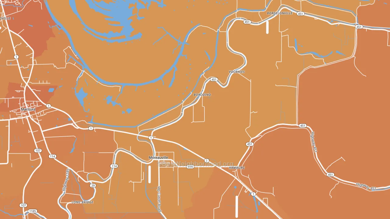 Map of the best neighborhoods in the Moreauville area, with better matches in green and worse matches in red