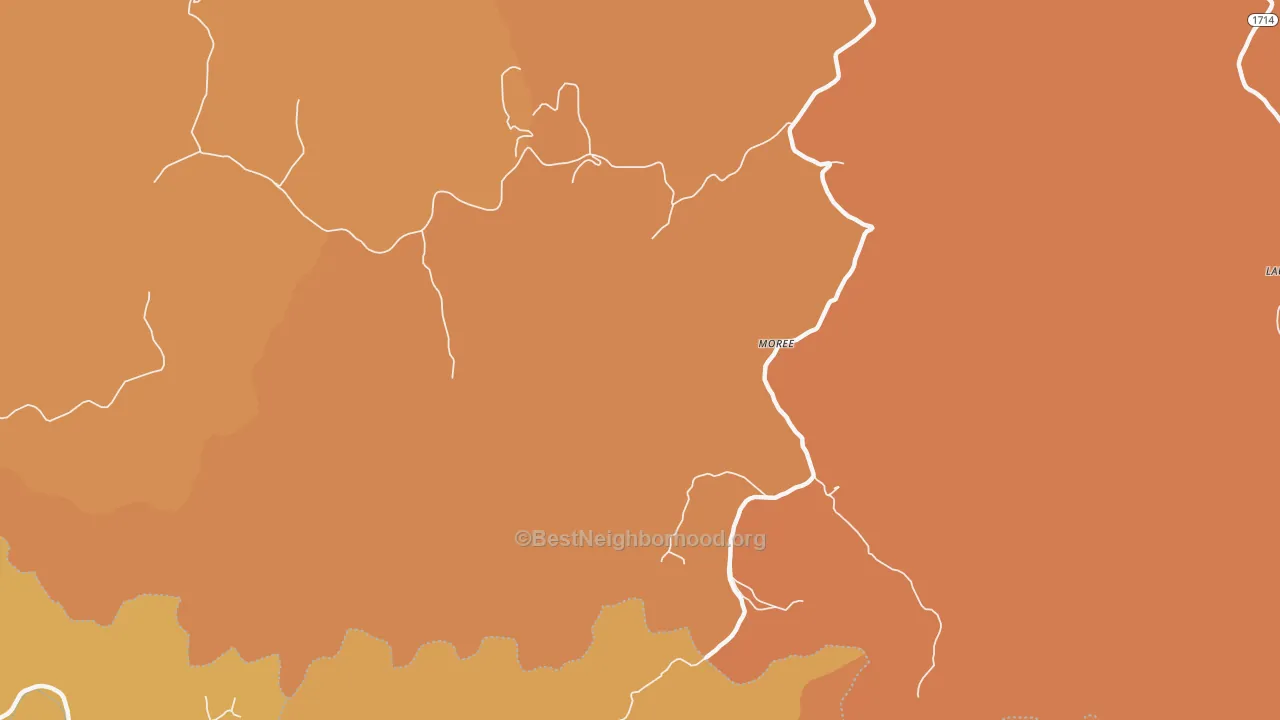 Map of the best neighborhoods in the Moree area, with better matches in green and worse matches in red