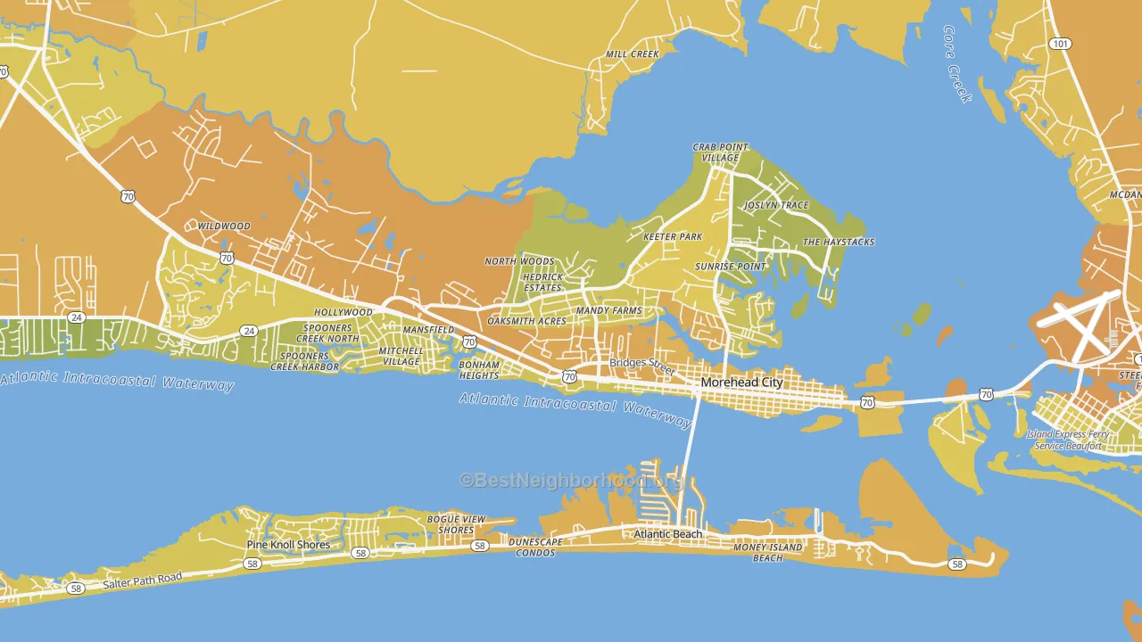 Map of the best neighborhoods in the Morehead City area, with better matches in green and worse matches in red