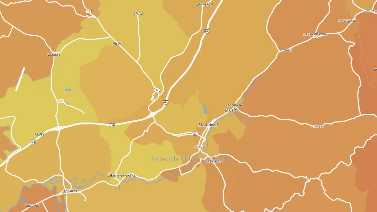 Map of the best neighborhoods in the Morehead area, with better matches in green and worse matches in red