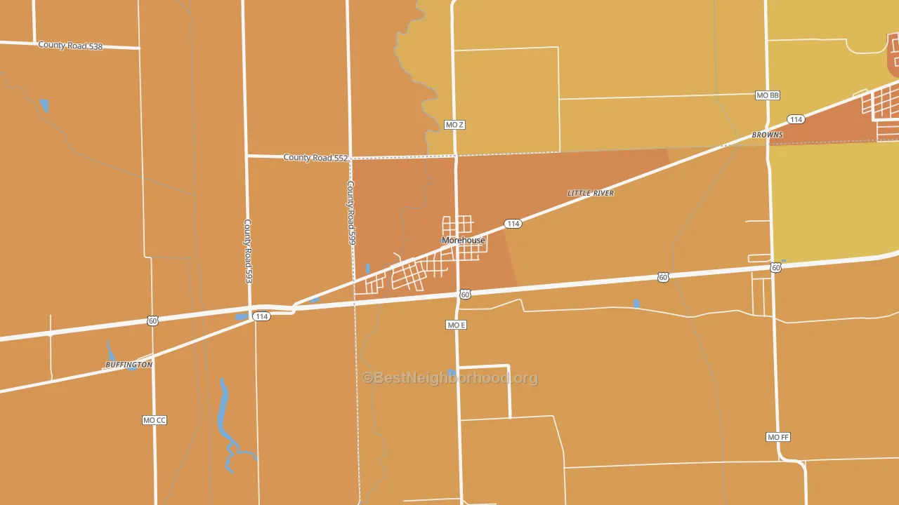 Map of the best neighborhoods in the Morehouse area, with better matches in green and worse matches in red
