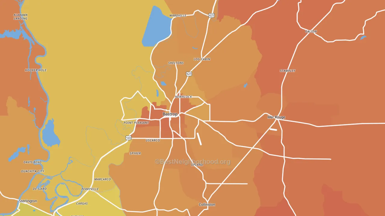 Map of the best neighborhoods in the Morehouse Parish area, with better matches in green and worse matches in red
