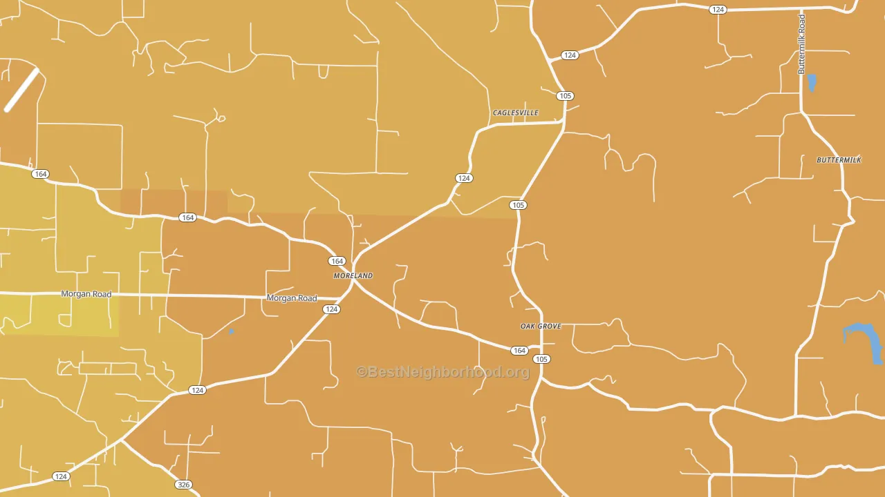 Map of the best neighborhoods in the Moreland area, with better matches in green and worse matches in red