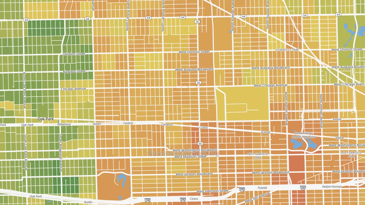 Map of the best neighborhoods in the Moreland, Chicago area, with better matches in green and worse matches in red