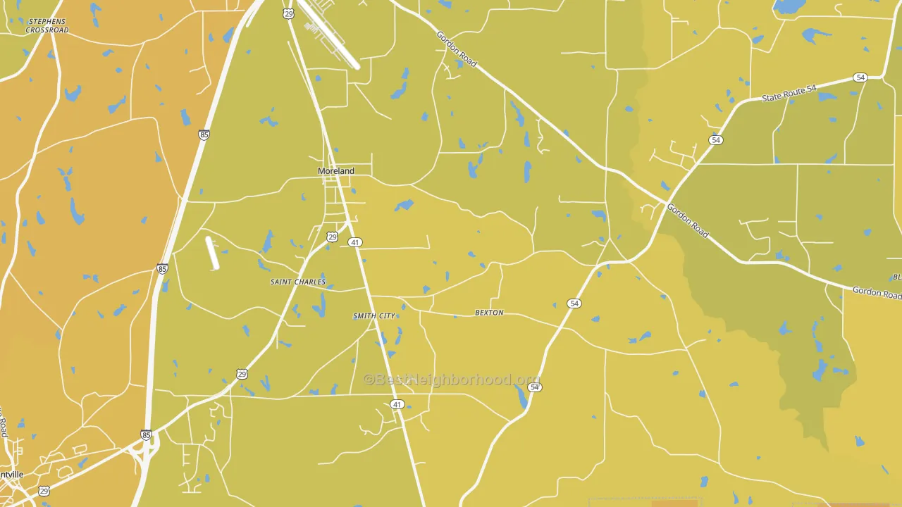 Map of the best neighborhoods in the Moreland area, with better matches in green and worse matches in red