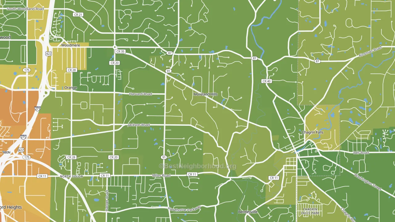Map of the best neighborhoods in the Moreland Hills area, with better matches in green and worse matches in red