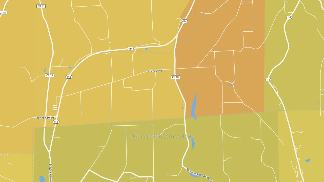 Map of the best neighborhoods in the Moreland area, with better matches in green and worse matches in red