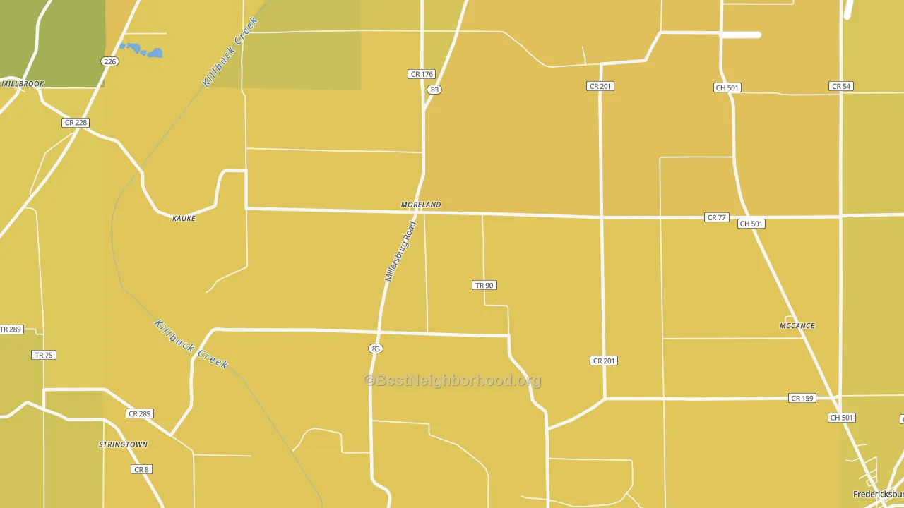 Map of the best neighborhoods in the Moreland area, with better matches in green and worse matches in red
