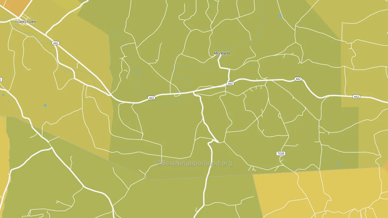 Map of the best neighborhoods in the Moreland area, with better matches in green and worse matches in red