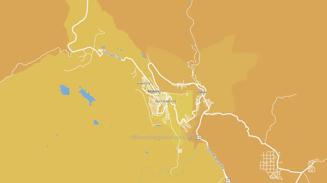Map of the best neighborhoods in the Morenci area, with better matches in green and worse matches in red