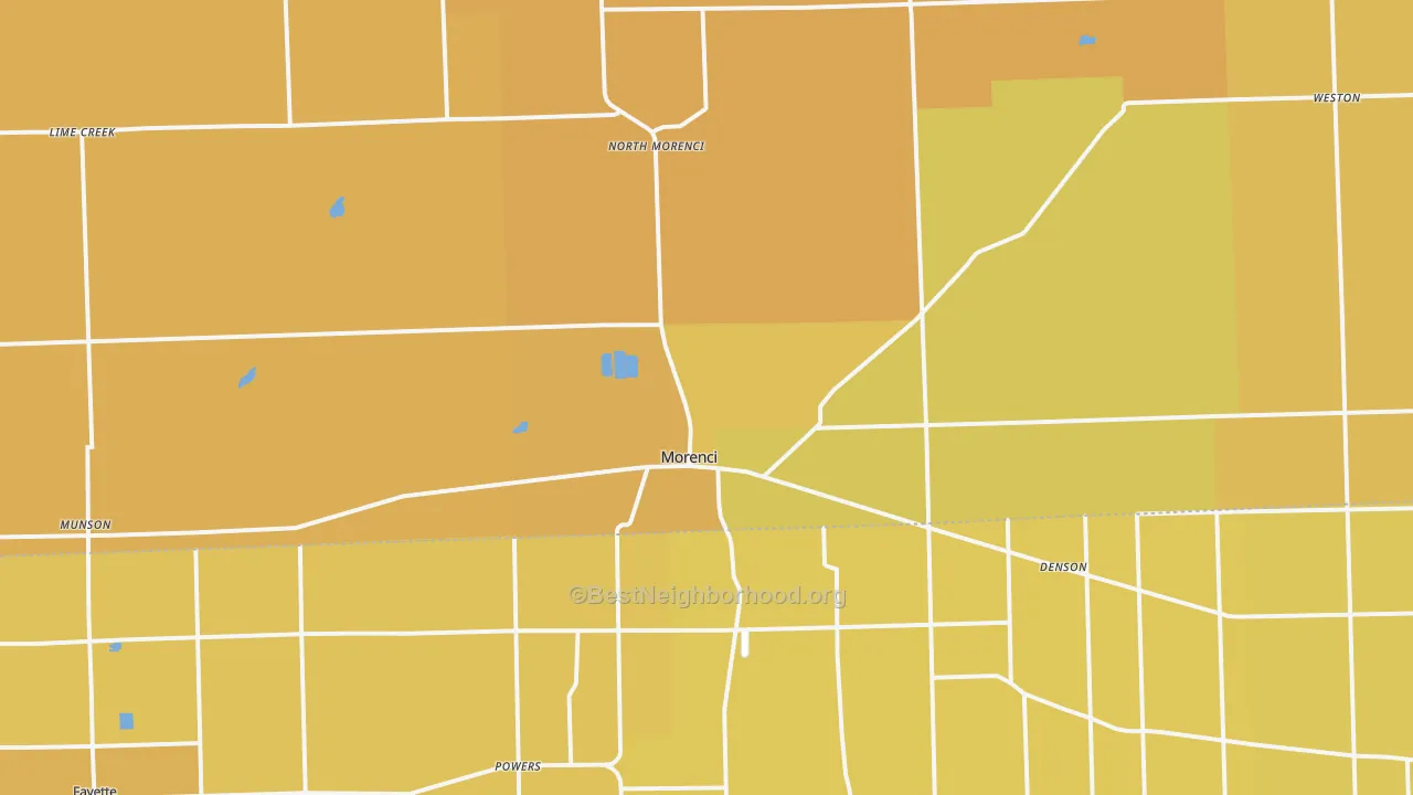 Map of the best neighborhoods in the Morenci area, with better matches in green and worse matches in red
