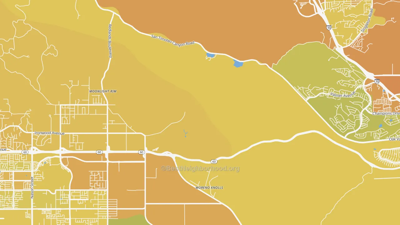 Map of the best neighborhoods in the Moreno area, with better matches in green and worse matches in red