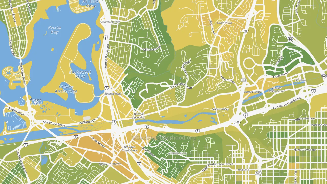 Map of the best neighborhoods in the Moreno Mission, San Diego area, with better matches in green and worse matches in red