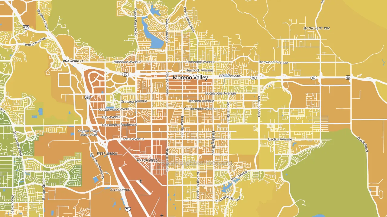 Map of the best neighborhoods in the Moreno Valley area, with better matches in green and worse matches in red
