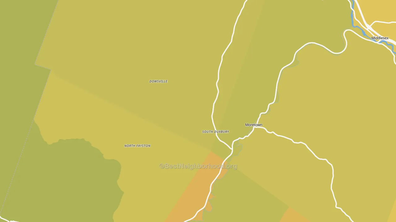 Map of the best neighborhoods in the Moretown area, with better matches in green and worse matches in red
