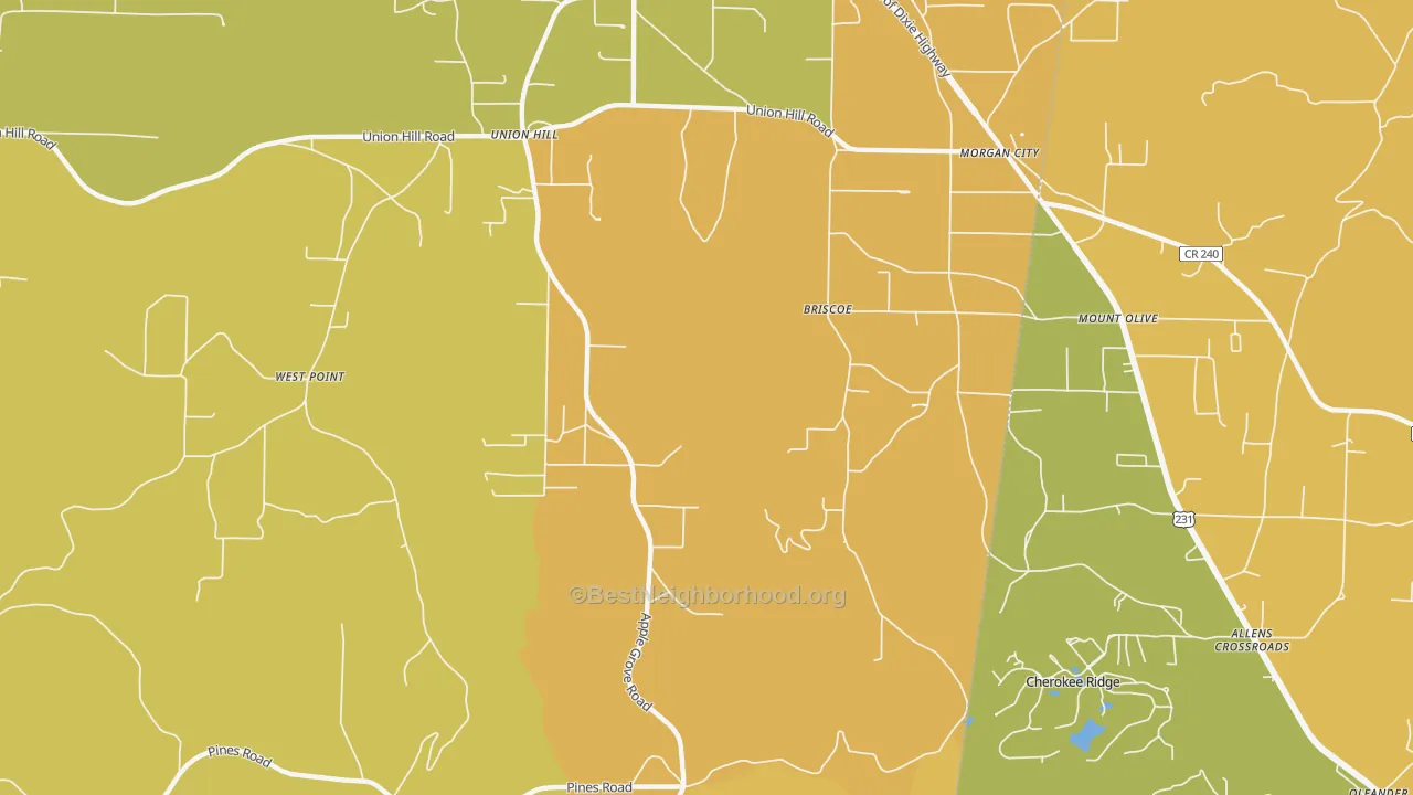 Map of the best neighborhoods in the Morgan City area, with better matches in green and worse matches in red