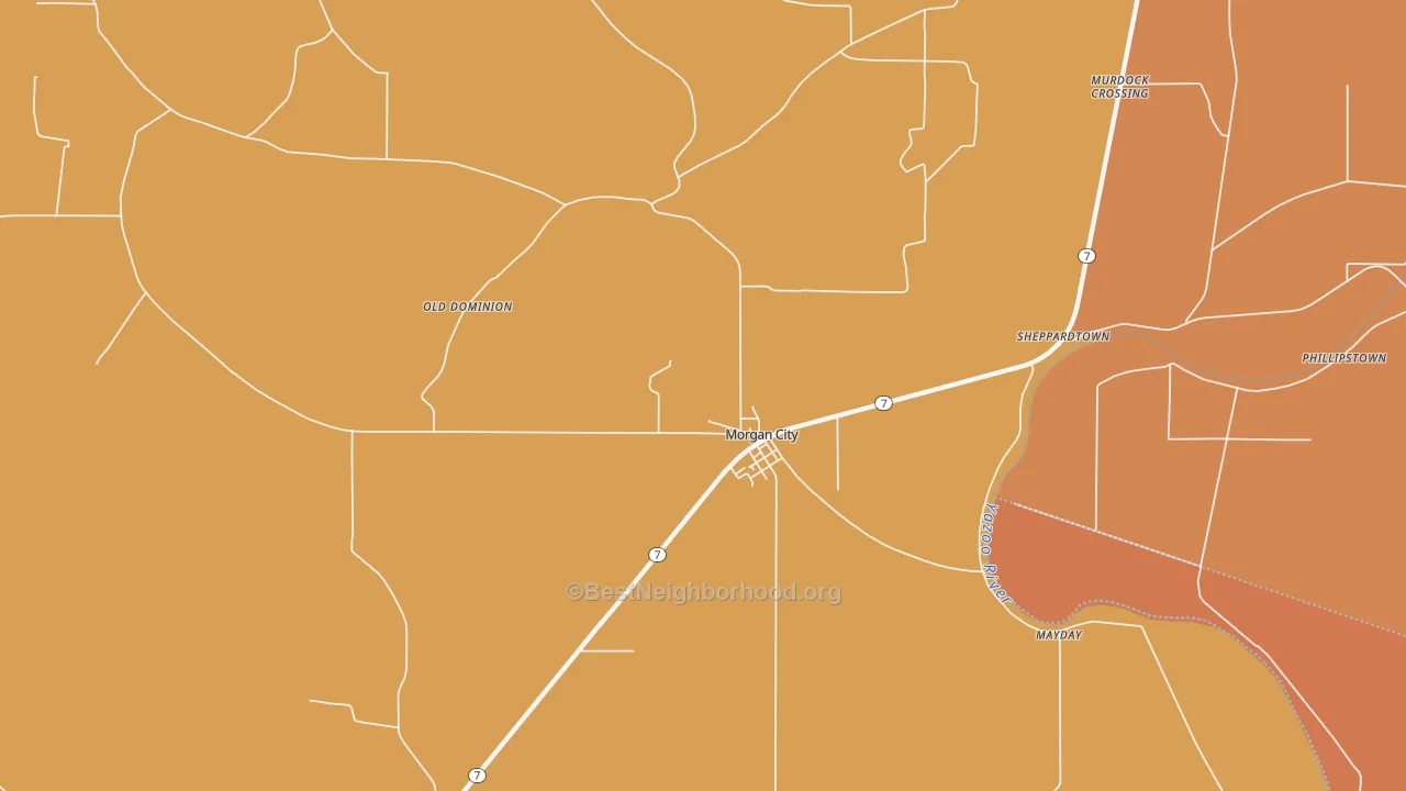 Map of the best neighborhoods in the Morgan City area, with better matches in green and worse matches in red