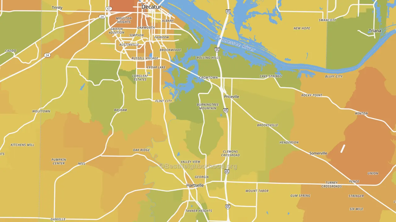 Map of the best neighborhoods in the Morgan County area, with better matches in green and worse matches in red