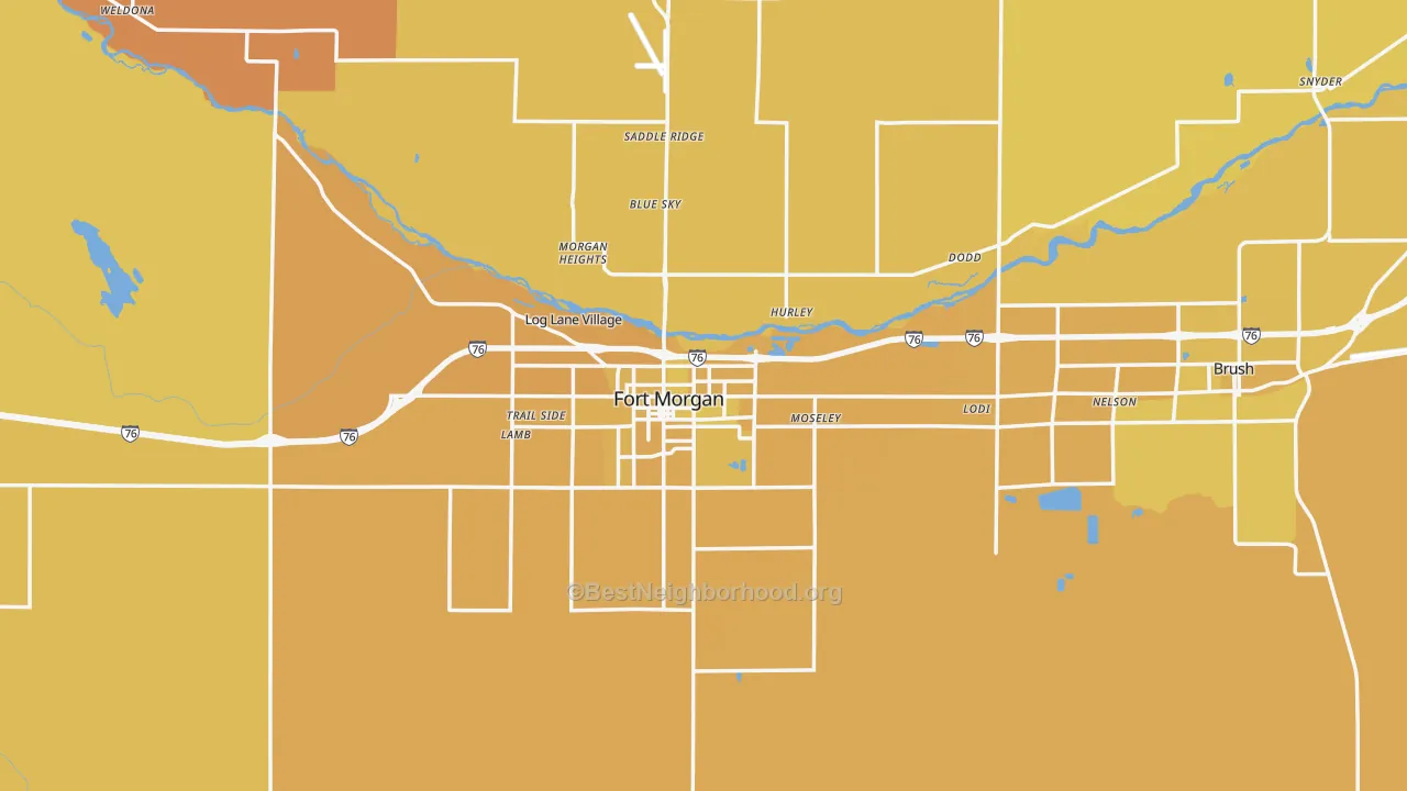 Map of the best neighborhoods in the Morgan County area, with better matches in green and worse matches in red