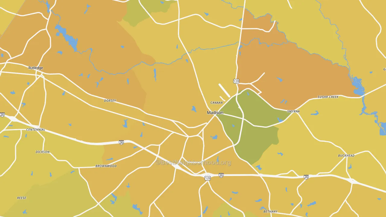 Map of the best neighborhoods in the Morgan County area, with better matches in green and worse matches in red