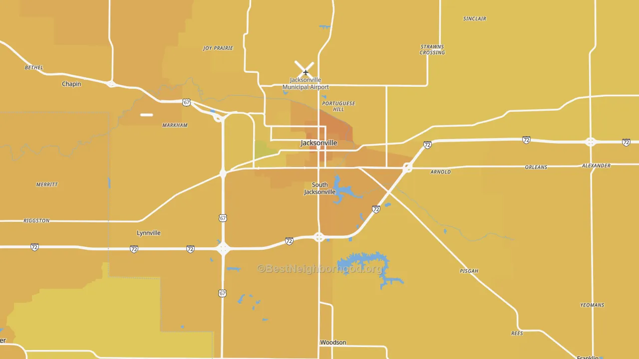 Map of the best neighborhoods in the Morgan County area, with better matches in green and worse matches in red