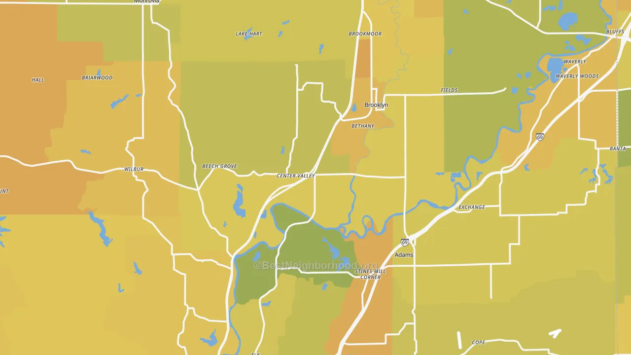 Map of the best neighborhoods in the Morgan County area, with better matches in green and worse matches in red