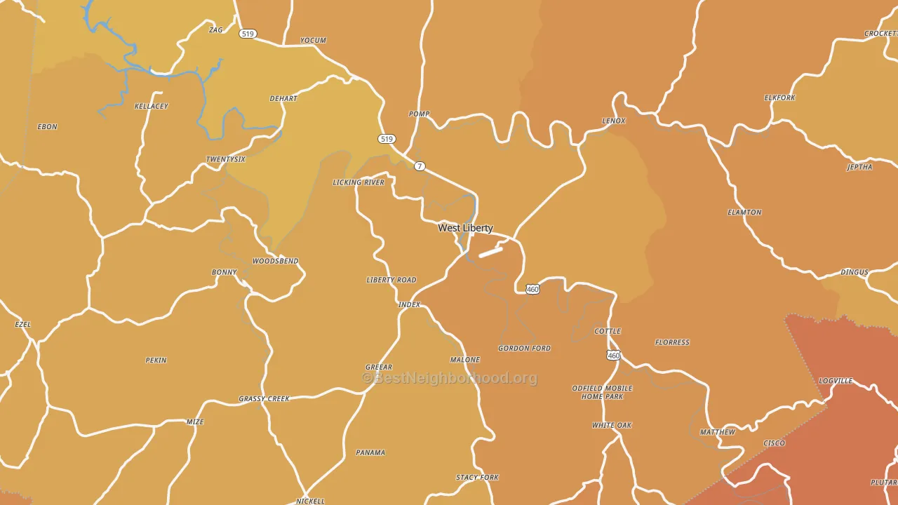 Map of the best neighborhoods in the Morgan County area, with better matches in green and worse matches in red