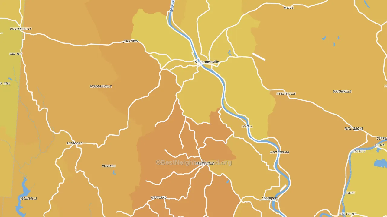 Map of the best neighborhoods in the Morgan County area, with better matches in green and worse matches in red