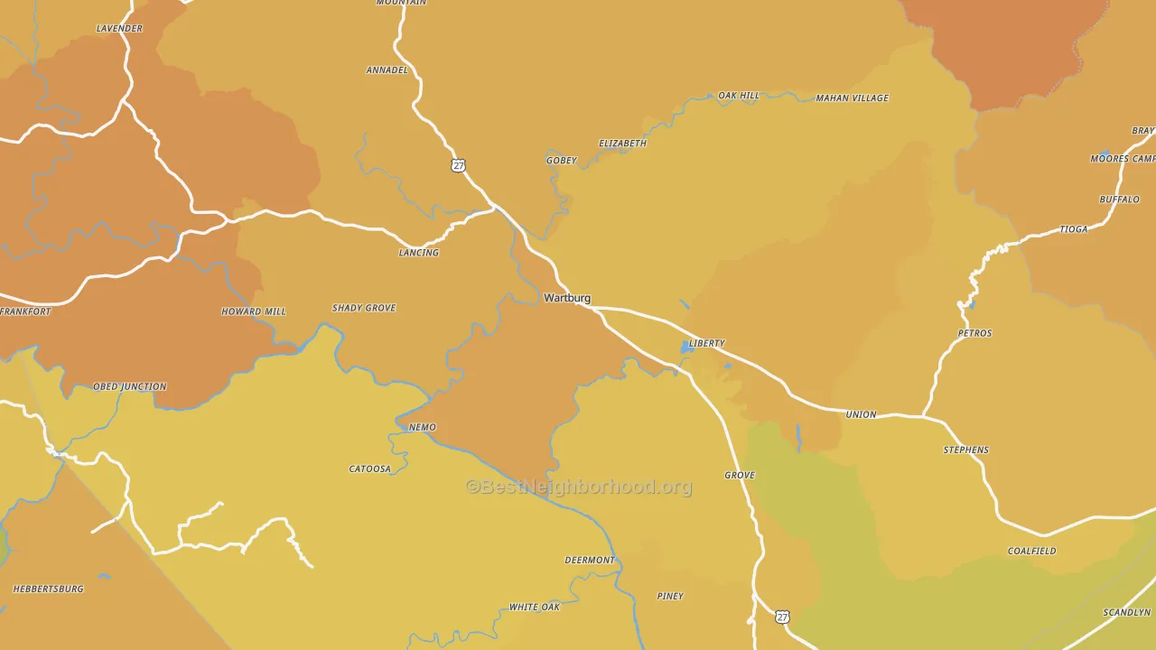 Map of the best neighborhoods in the Morgan County area, with better matches in green and worse matches in red