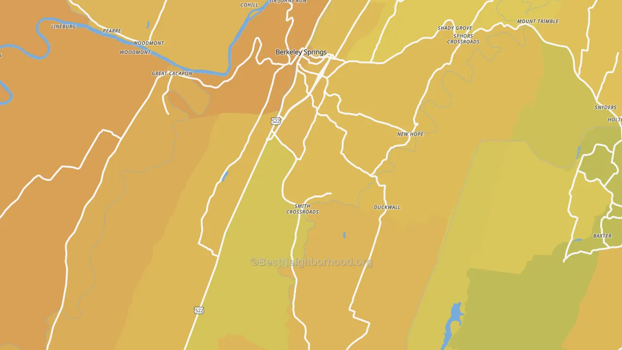 Map of the best neighborhoods in the Morgan County area, with better matches in green and worse matches in red