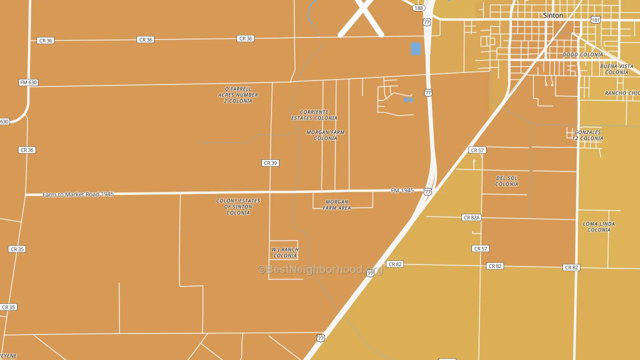 Map of the best neighborhoods in the Morgan Farm area, with better matches in green and worse matches in red