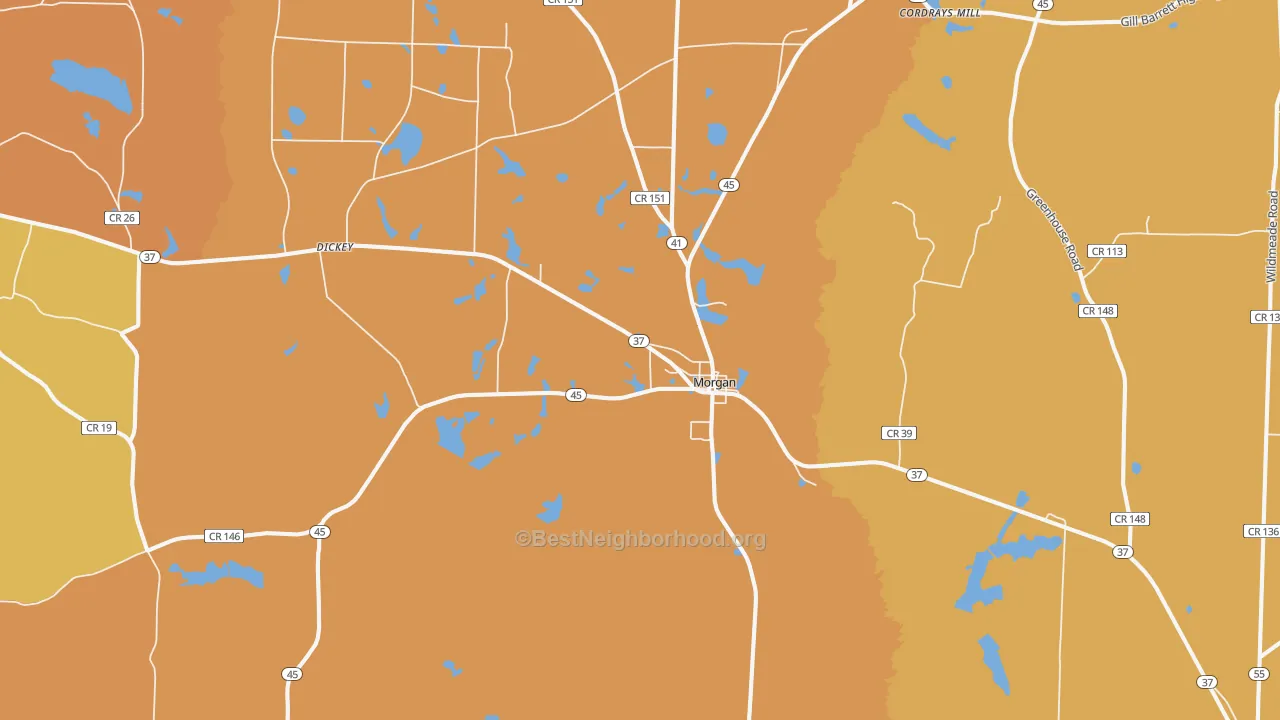 Map of the best neighborhoods in the Morgan area, with better matches in green and worse matches in red