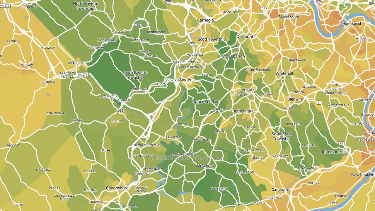 Map of the best neighborhoods in the Morgan area, with better matches in green and worse matches in red
