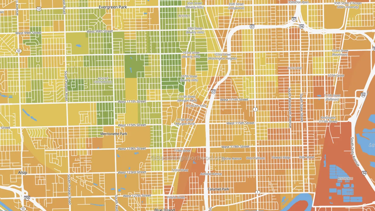 Map of the best neighborhoods in the Morgan Park, Chicago area, with better matches in green and worse matches in red