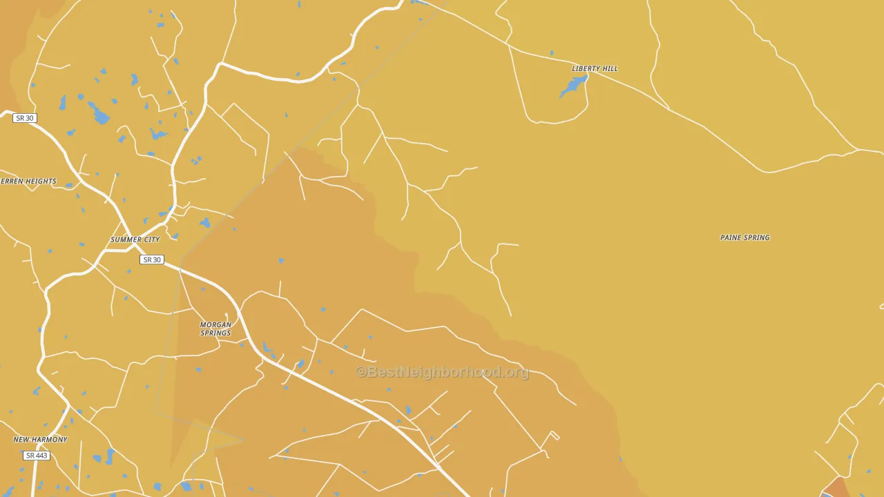 Map of the best neighborhoods in the Morgan Springs area, with better matches in green and worse matches in red