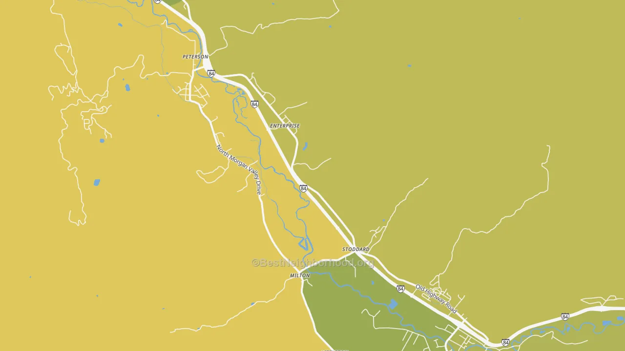 Map of the best neighborhoods in the Morgan area, with better matches in green and worse matches in red