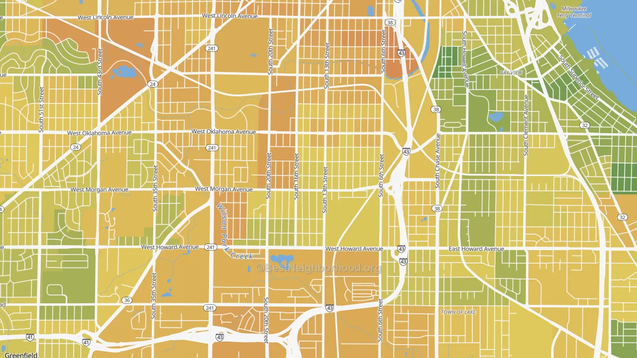 Map of the best neighborhoods in the Morgandale, Milwaukee area, with better matches in green and worse matches in red
