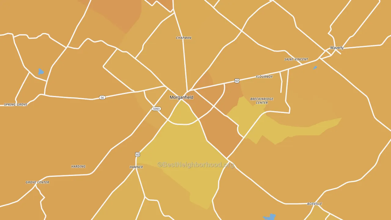 Map of the best neighborhoods in the Morganfield area, with better matches in green and worse matches in red