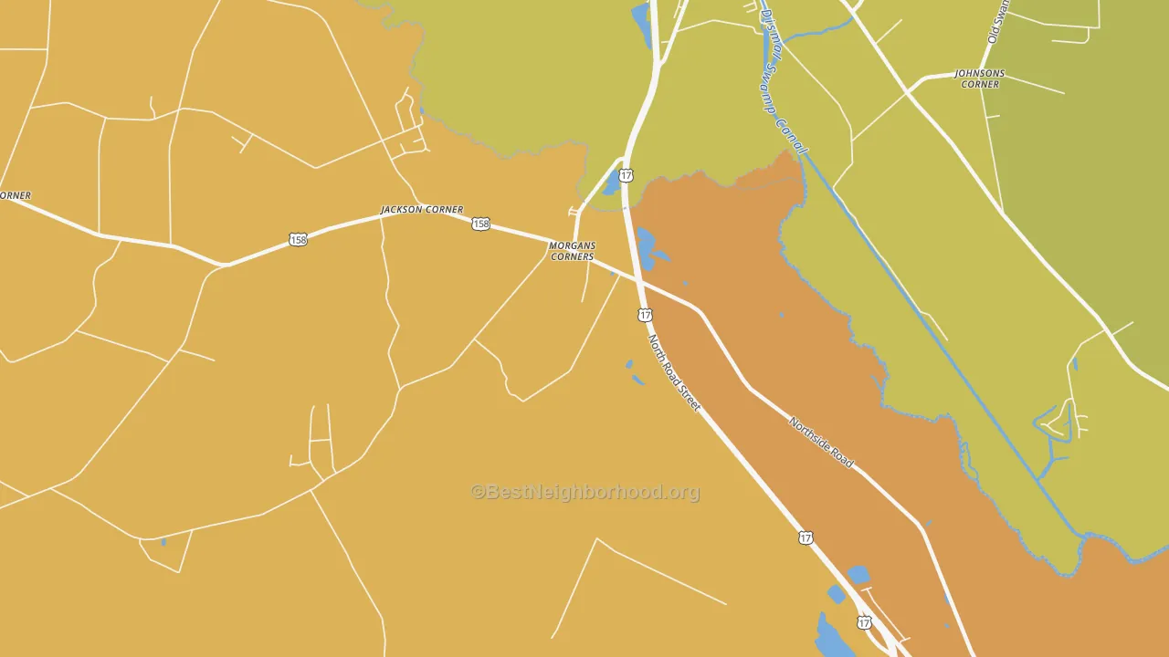 Map of the best neighborhoods in the Morgans Corners area, with better matches in green and worse matches in red